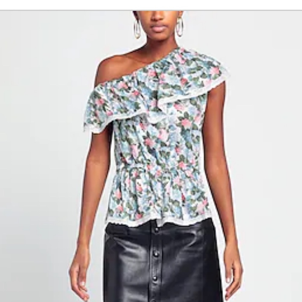 LORETTA CAPONI One Shoulder Ruffle Floral Print Top